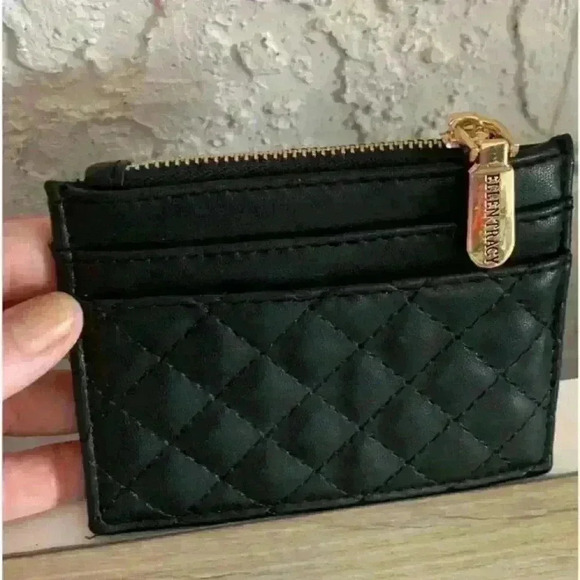 Ellen Tracy Quilted Coin Purse Credit Card ID Wallet Black Zip Pre Owned - Picture 8 of 8